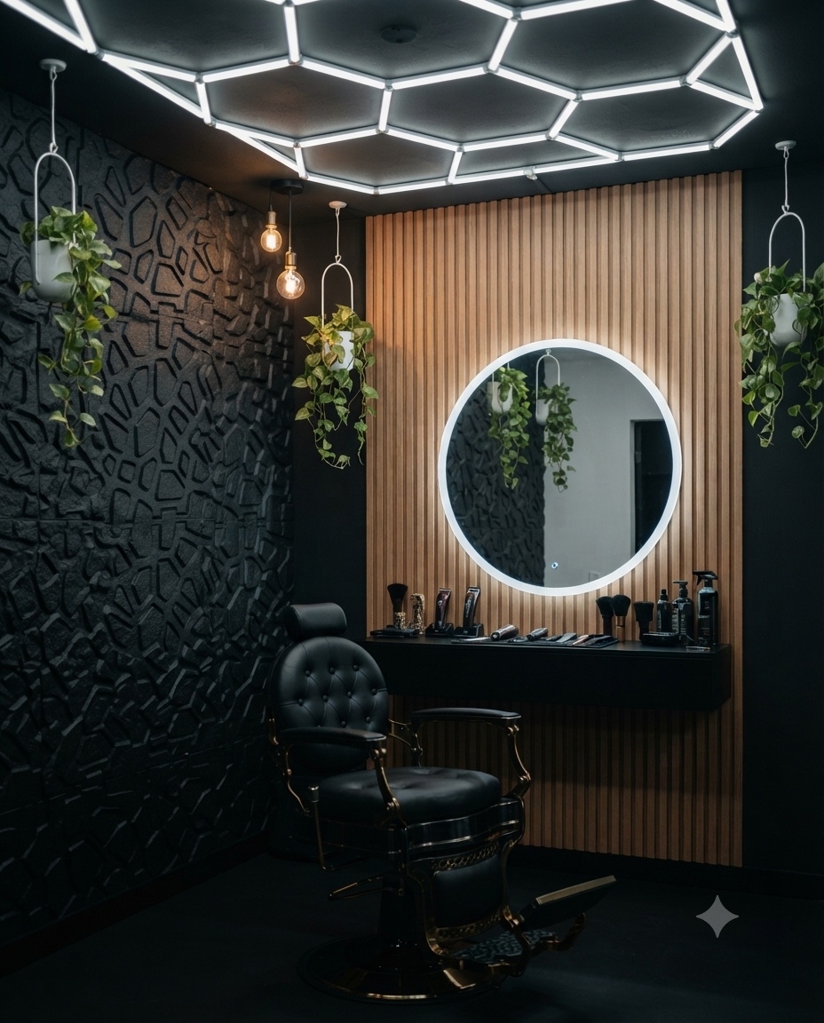Rincón de barbería con silla de cuero negro, espejo circular iluminado y pared de madera y piedra texturizada
